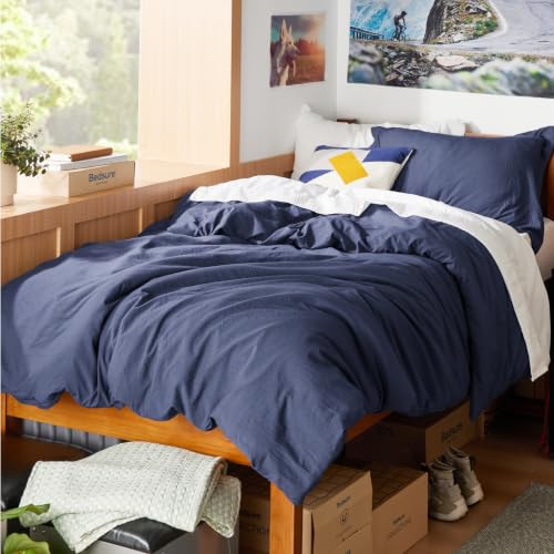 Image of Bedsure Prewashed Twin /Twin XL Duvet Cover, Cotton-Like Bedding Set, Navy | Ultra Soft, Relaxed Texture, Twin XL Breathable Comfort, Hidden Zipper, 8 Corner Ties, Easy Care, OEKO-TEX, Year-Round Use