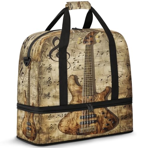 Retro Music Note Guitar Travel Duffel Bags for Women & Men Large Sports Gym Bags Foldie Weekender Overnight Bag Carry On Tote Bag With Shoe Compartment Personal Item Bag for Travel Sports Gym