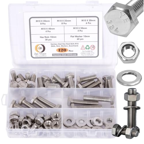 Image of Metric M10 Stainless Steel 202 Grade Hex Head Bolts Nuts & Washers Assortment Kit with Storage Box - 120 Pieces