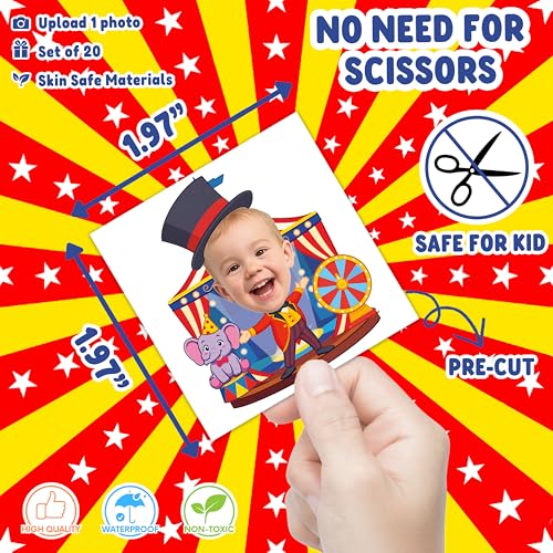 Image of Custom Carnival Circus Clown Temporary Tattoos for Kids, Set of 20 | Personalized Pre-Cut Face Photo, Birthday Party Favors, Boys Girls, Carnival Lovers