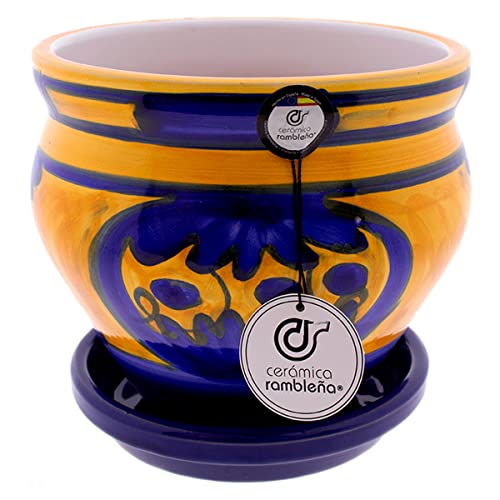 CERÁMICA RAMBLEÑA | Macetas de Barro Rojo | Macetas Decorativas | Macetas | Macetas Exterior | Maceta Coco Decorado Amarillo - D117 | Decoración 100% Hecho a Mano | 21x21x19 cm | Plato Incluido