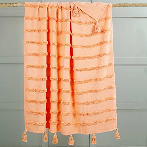 Alluring Comfort Peach Throw Blanket, 50X60 Inches With Tassels. Tufted Stripes Design On Slub Base Made With 100% Cotton For Sofa, Couch Premium Decorative Knitted Throw Blankets #TOP4