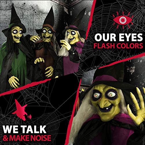 Haunted Hill Farm Life-Size Scary Talking 3 Witches with Cauldron Halloween Animatronic, Indoor or Covered Outdoor Poseable Halloween Decorations with Light up Eyes and Sound, Battery Operated