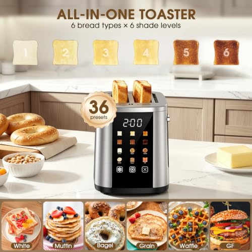 Image of Foyoconven 2 Slice Toaster with Touch Screen, 1.5 inch Extra Wide Slots for Bagels & Thick Bread, Stainless Steel, Digital Countdown Timer, 6 Shade Settings, Defrost /Reheat /Cancel, Removable Crumb Tray