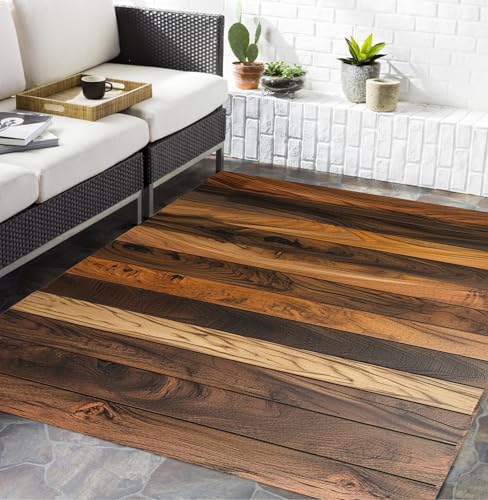 Natural Country Wood Grain Outdoor Rug 2x3 Brown Rustic Wooden