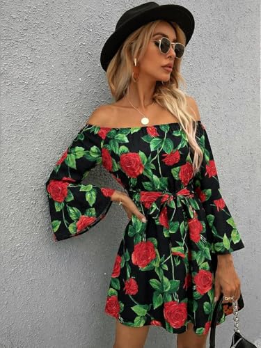 Image of Off Shoulder Ruffle Dress for Women, A-Line Mini Dress with Belt, Fitted Bust Summer Wedding Guest Dress