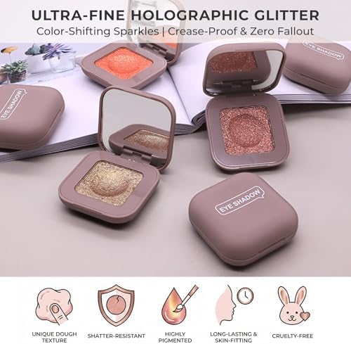 Enfuntins Duochrome Glitter Eyeshadow, Ultra-Fine Color Shifting Metallic Shimmer, High Pigment Holographic Single Eye Makeup, Long Lasting & Buildable Eye Shadow (#1 Champagne Pink) - 2