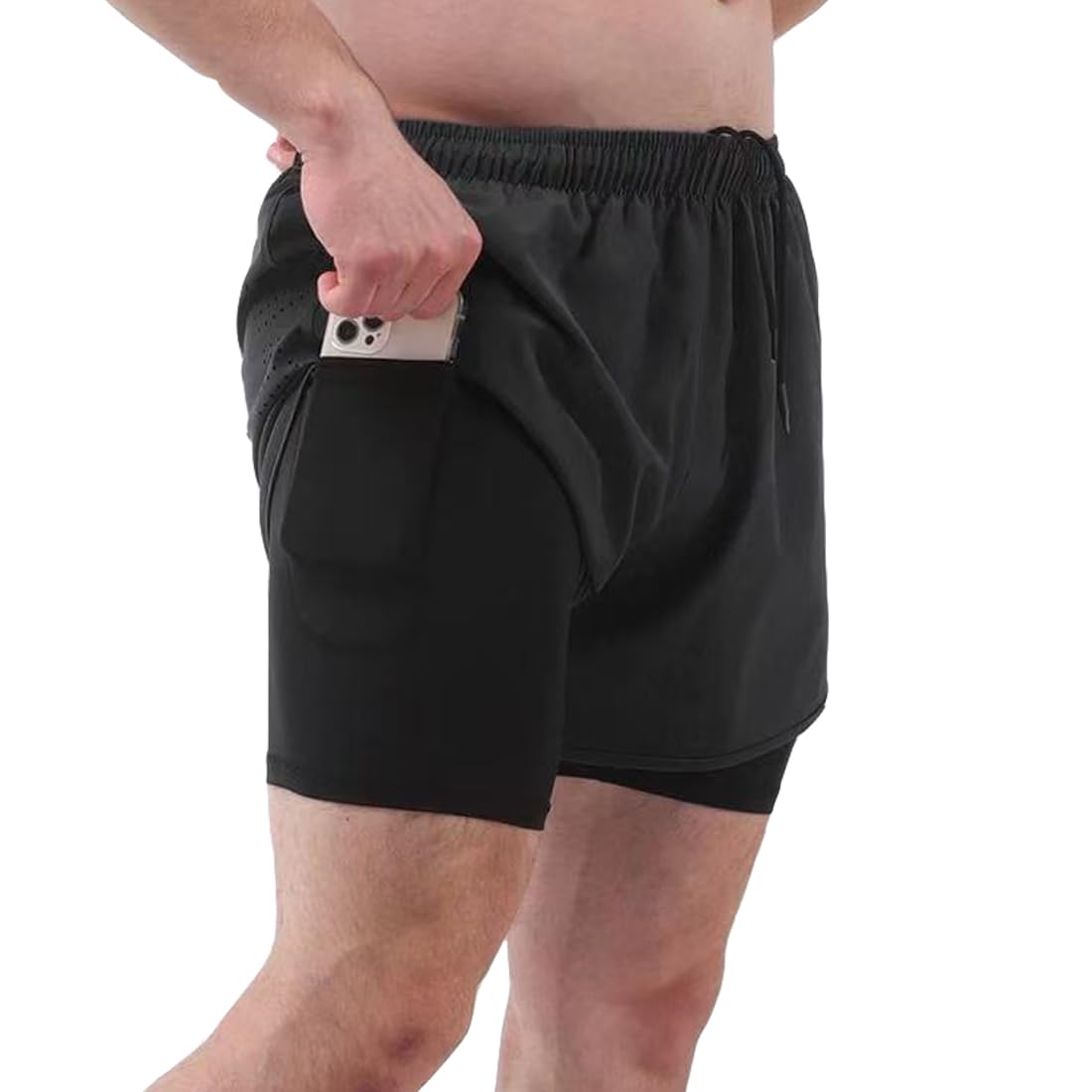 [saliwind] ショートパンツ メンズ ランニングパンツ 短パン インナー付き ポケットあり 通気速乾 ストレッチ ウェストゴム 夏用 スポーツ ジム 筋トレ フィットネス 水陸両用 ハーフパンツ 快適 (ブラック,M)
