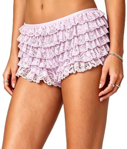 Image of Yiulangde Women Lace Bloomers Layered Ruffle Mini Shorts Y2k Pettipants | Shorts Women,Lolita Ruffled Bloomer Shorts for Under Skirts,Fluffy Booty Shorts,Rave Boy Short Panties,Going out Bottoms