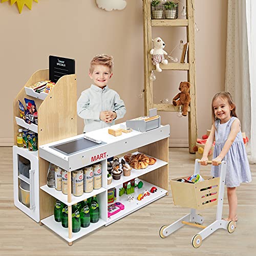 Honey Joy HJ-0724-CA Kids Grocery Store Playset, Wooden Grocery Store Pretend Play W/Cart, Cash Register Stand W/Coins, Chalkboard, Toddler Supermarket Play Toy thumb #1