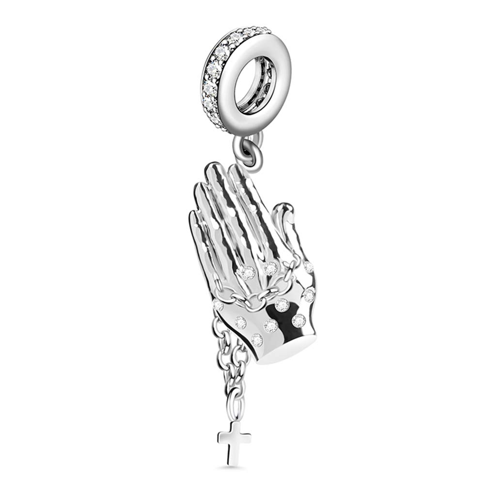 GNOCE Pray For You Charm Pendant – 925 Sterling Silver Hands Charm With CZ Stones, Fits Pandora Bracelets