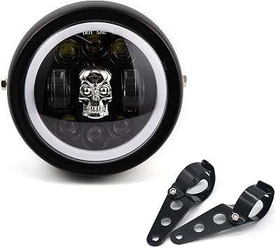 Motorcycle Headlight 5.75 inch Round LED with Mounting Brackets Assembly, Front Headlamp with DRL High/Low Beam for Cafe Racer E-bike Bobber Chopper Style F