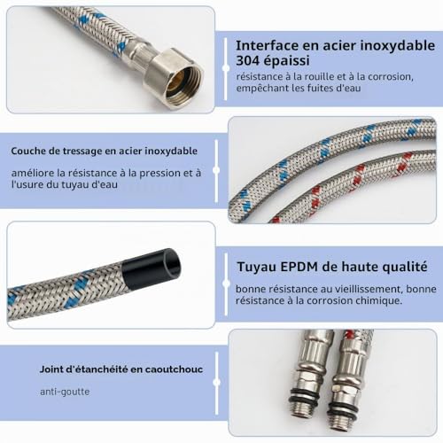 60 CM/Lot de 2 Tuyaux de Raccordement Flexibles Robinets G3/8 x M10 – vue 3