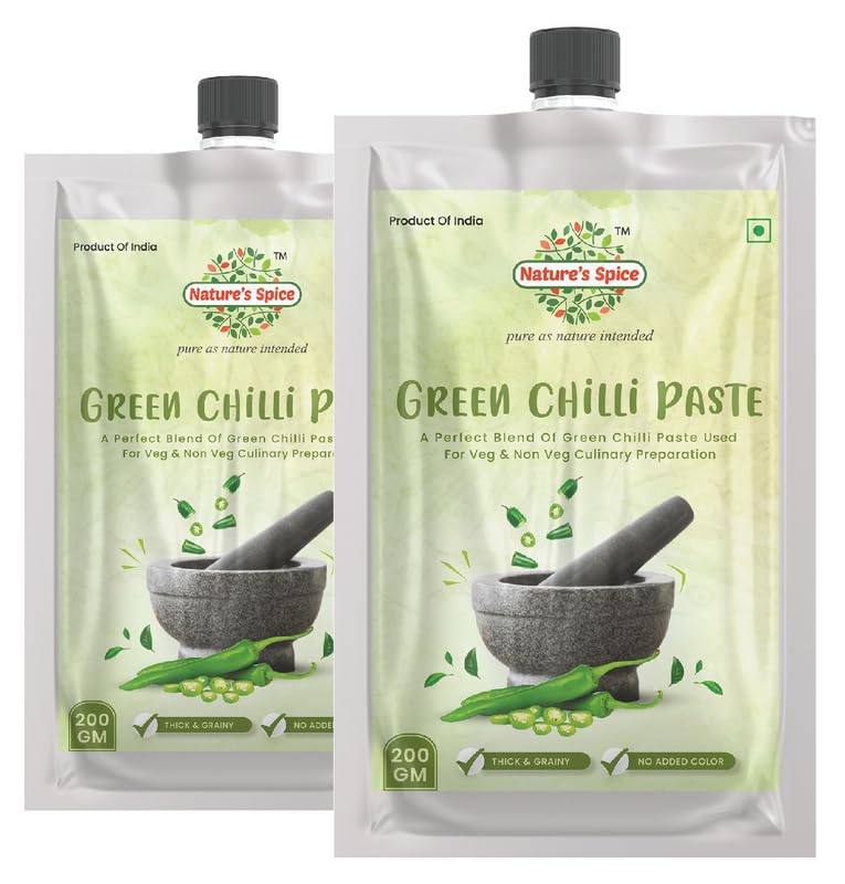 Nature's Spice Green Chilli Paste – Pack of 2 (200g Each) Ready To Use Green Chilli Saurce | Thick & Grainy & No Added Colour | Ready to Use for Different Dishes | Perfect Blend Of Spicy & Tangy, Dip