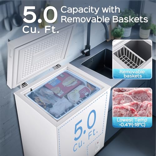 Image of Anypro Chest Freezer 5.0 Cu.Ft, FreeStanding Top Door Deep Freezer with Removable Baskets, 7 Adjustable Temperatures for Garage Dorm Apartment RV Kitchen Business, White
