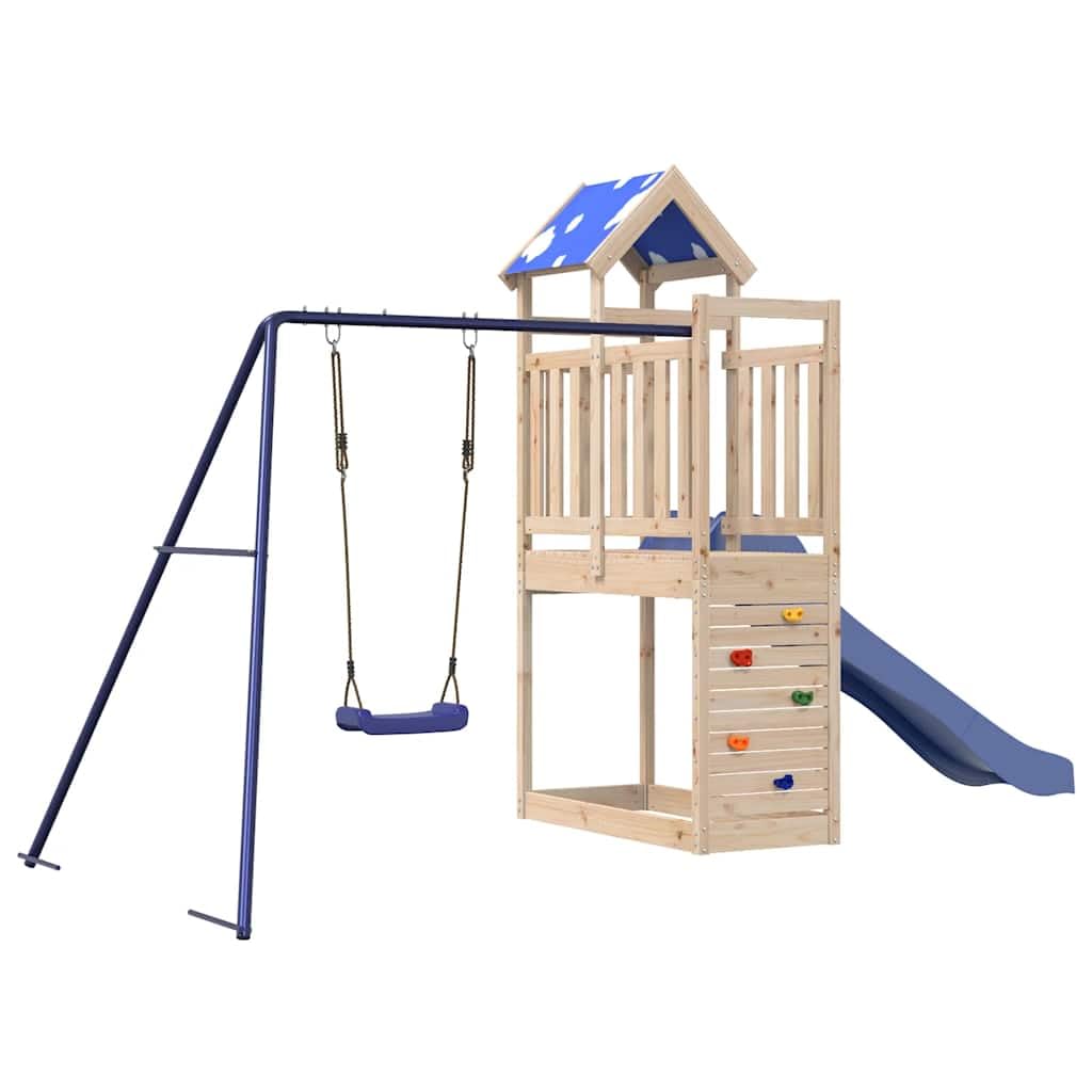 Torre da gioco in legno massiccio di pino con altalena, parete da