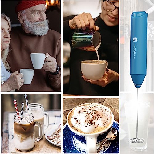 Image of England Stories Electric Milk Frother Handheld, Battery Operated Whisk Beater Foam Maker for Coffee, Cappuccino, Latte, Matcha, Hot Chocolate, Mini Drink Mixer, No Stand, Metal Blue