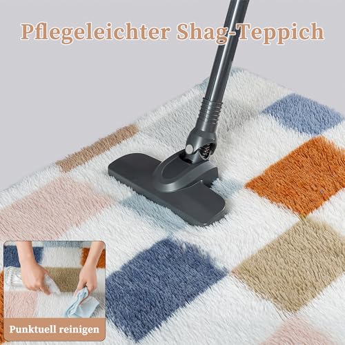 HUGEAR Kariert Flauschig Teppich Wohnzimmer 160x230cm Multicolore Weiß Shaggy Carpet – Ansicht 4