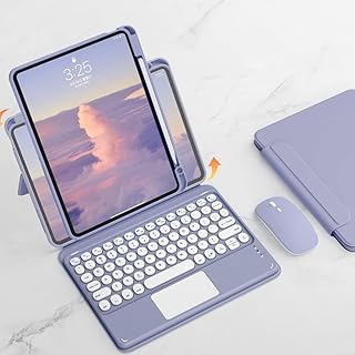 横/縦対応 iPad Air2 iPad 5 iPad 6 Pro 9.7インチ キーボード ケース タッチパッド搭載 マウス付き iPad 第5世代/ 6 世代 ケース 磁気吸着 着脱式 取り外し可能 Bluetooth キーボード カバー 仕事 360度 回転可能 ペン収納 背面クリアカバー 丸型キー (iPad6/iPad5/Air2/Pro9.7, 紫灰)