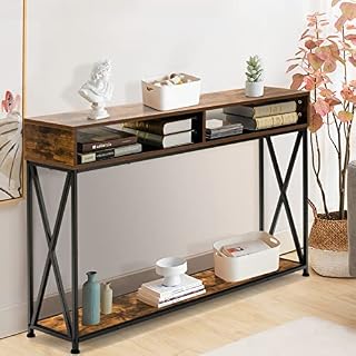 CASART 3-Tier Console Table, X- Shaped Wooden Side End Table with 2 Compartments and Storage Shelf, Narrow Sofa Table Hall Desk for Living Room Bedroom Entryway (Rustic Brown)