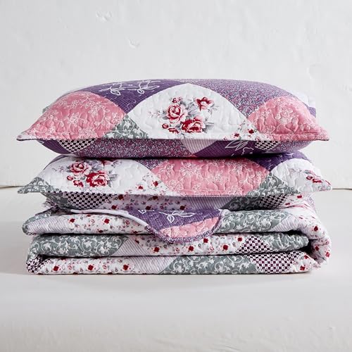 WONGS BEDDING Colcha 240 x 260 cm Manta de Cama de Patchwork Colchas Acolchadas Patrón Floral Edredón de Microfibra Colcha a Cuadros con 2 Fundas de Almohada 50 x 75 cm (Rosa Morado) - imagen 7