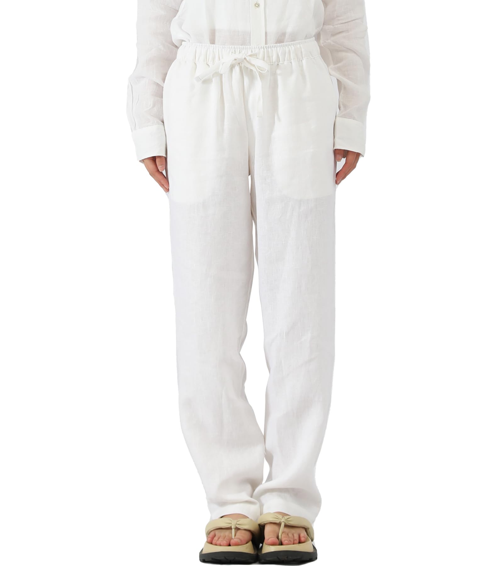 Photo 1 of CLSEN Women 100% Linen Pants with Drawstring Work Pants with Elastic Waist Relaxed Fit Casual Trousers for Women with Pockets (US, Alpha, X-Small, Regular, Regular, White)