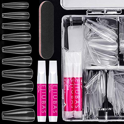 Clear Nail Tips Fake Nails, Ejiubas 505Pcs All In 1 False Nails Kit, Sturdy & Durable Coffin Nails Tips, Fast Dry Long-Lasting Nail Glues File For Diy Nail Art With Case #TOP16