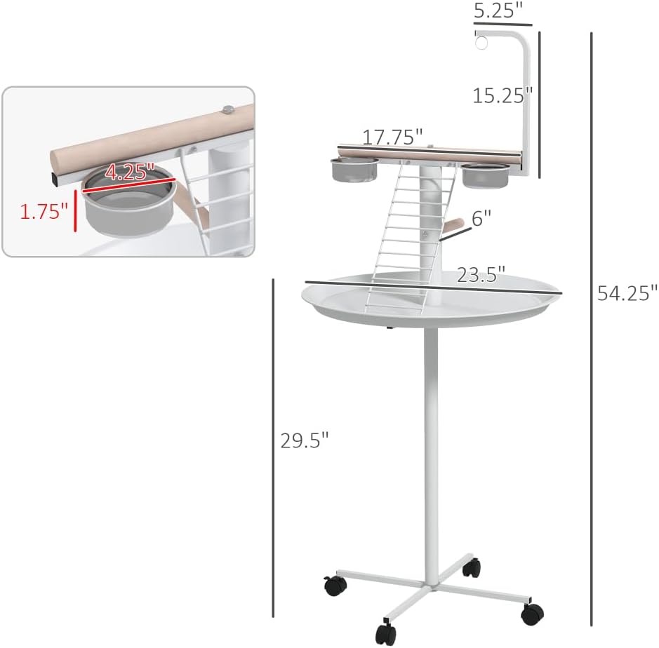 Sturdy Metal Bird Stand with Smooth-Finish Perch, Rolling Casters, Removable Drip Tray and Integrated Feed Bowls for Medium to Large Birds