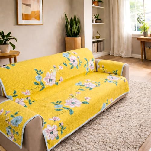 Image of Homerz Premium 3 Seater Quilted Reversible Sofa Cover Mat with Pocket Arms | Polyester Blend 350 GSM Full Coverage & Back Belt for Stability (Solara, 3 Seater)