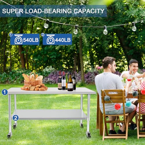Image of HARDURA Stainless Steel Table with Wheels 24 x 60 Inches Casters NSF Heavy Duty Commercial Work & Prep Table with Undershelf and Galvanized Legs for Restaurant Kitchen Bar and Hotel Garage