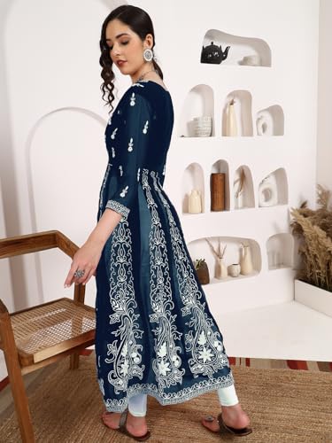 Image of EthnicJunction Women's Georgette Regular Fit Anarkali Embroidered Chikankari Work Angrakha Kurta