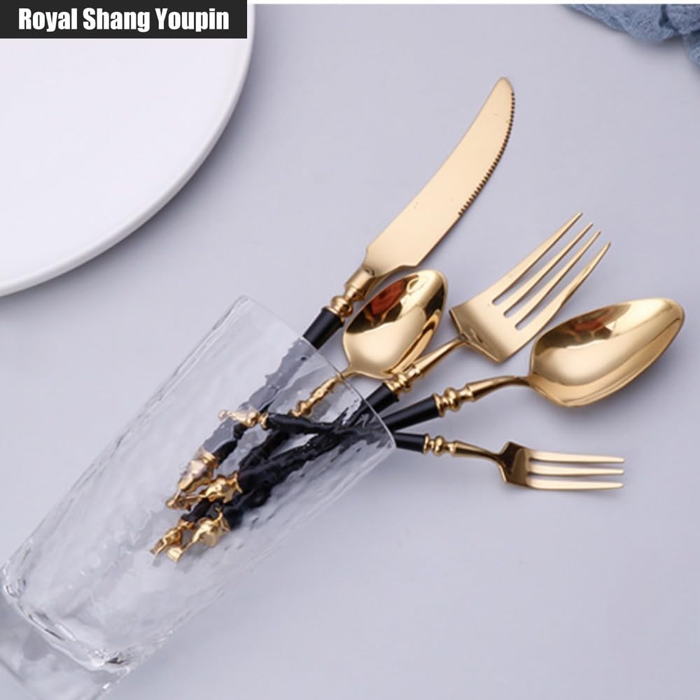Light Luxury Legendary Roman Pillar Handle Kitchen Stainless Steel Silverware Tableware Flatware Cutlery Set Steak Knife Fork Spoon Teaspoon (Gold,6 pieces)