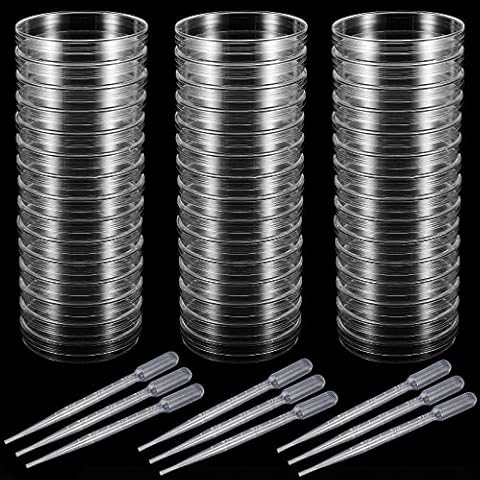 FAATCOI Petri Dishes with Lids, 50 PCs Plastic Lab Petri Dishes Agar Plates 90MM Diameter by with 100 PCs Plastic Transfer Pipettes (3ML), Science Experiment Kit for School Lab Projects Cover