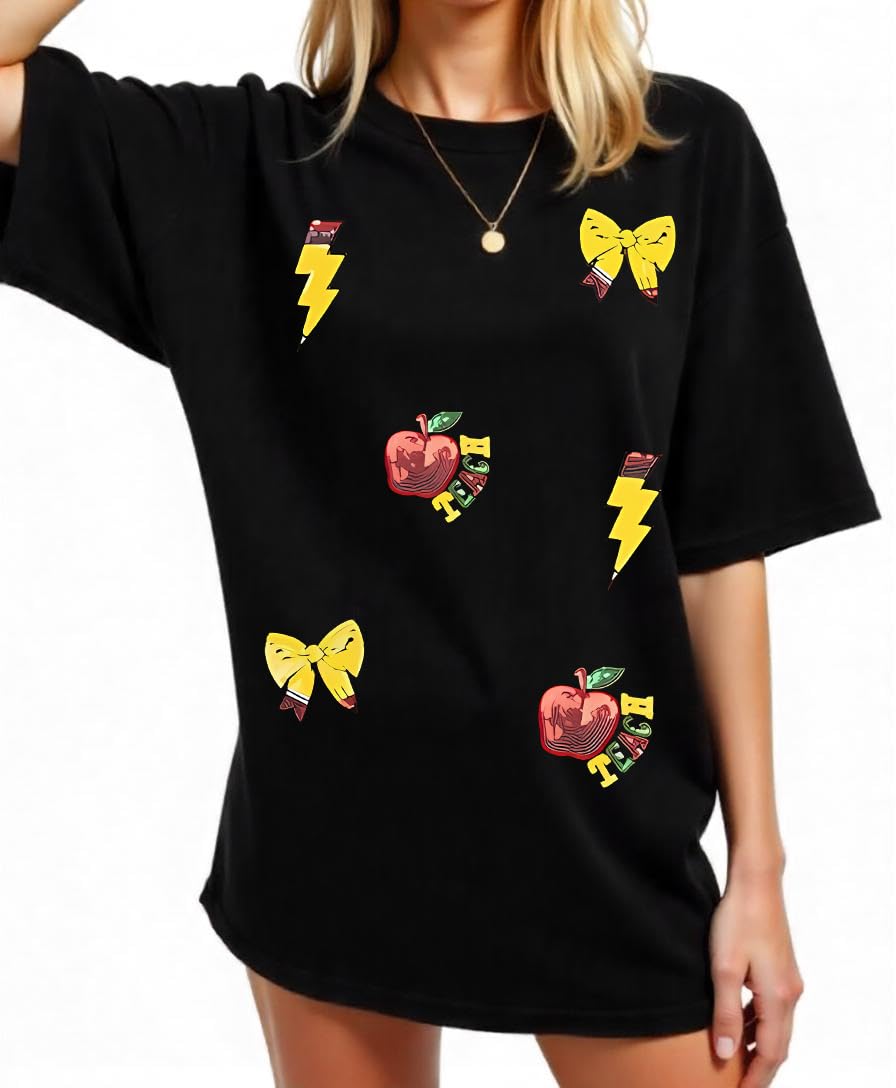 Teacher Shirts for Women Oversized Bow Pencil Printed Teach Life T-Shirt Last Day of School Back to School Tee Tops
