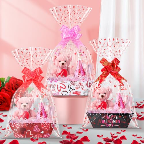 12 Sets Valentines Day Gift Basket Empty with Heart Printed Cellophane Basket Bags, Cardboard Valentine Gift Basket Empty to Fill with Bows Ribbons for Valentine’s Day Wedding Anniversary Red Black by Ragnhild - Image 4