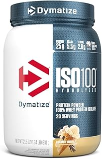 Dymatize ISO100 Proteína hidrolizada en polvo, 100% proteína aislada de suero, 0.88 onzas (25 g) de proteína, 0.19 onzas (5.5 g) de BCAA, sin gluten, rápida absorción, fácil digestión, vainilla gourmet (20 porciones)