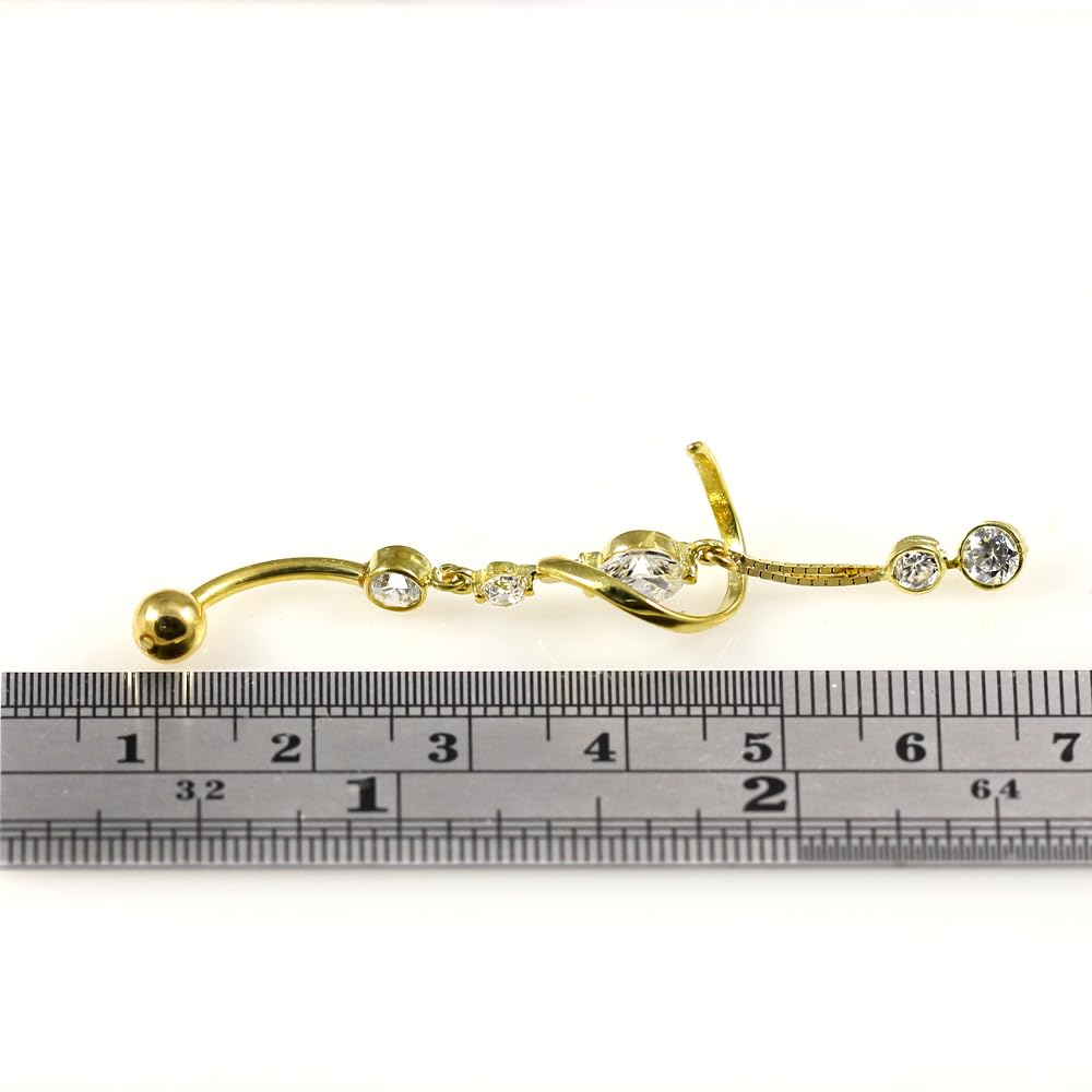 Piercing para el ombligo de oro amarillo macizo de 14 quilates con circonita cúbica y cadena italiana, joyería para ombligo de 14 quilates, calibre 14, 14 Gauge - 14mm Length, Circonia