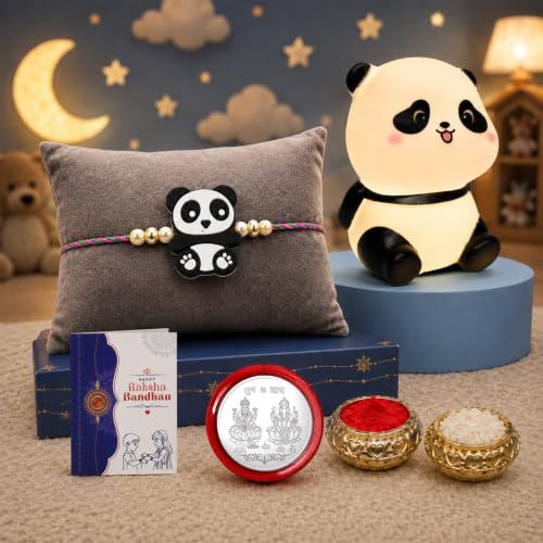 Image of Oblivion Rakhi for Brother - Cute Panda Design Kids Rakhi with Decorative Panda Shape Night Lamp, Silver Color Pooja Coin, Greeting Card & Tilak Set - Tradtional Raksha Bandhan Combo for Kids