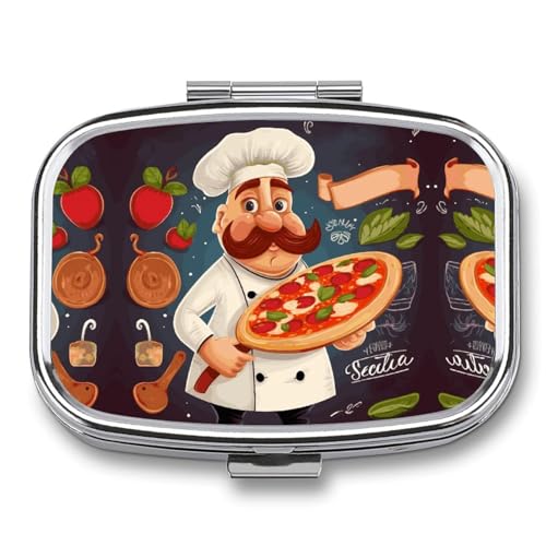 Pill Box 2 Compartment Medicine Pill Case Chef Pizza Printed Portable Pill Box Travel Pill Organizer for Pocket Purse Daily Medicine Vitamin Box Fish Oil Box Supplement Box -  FZMVSQH