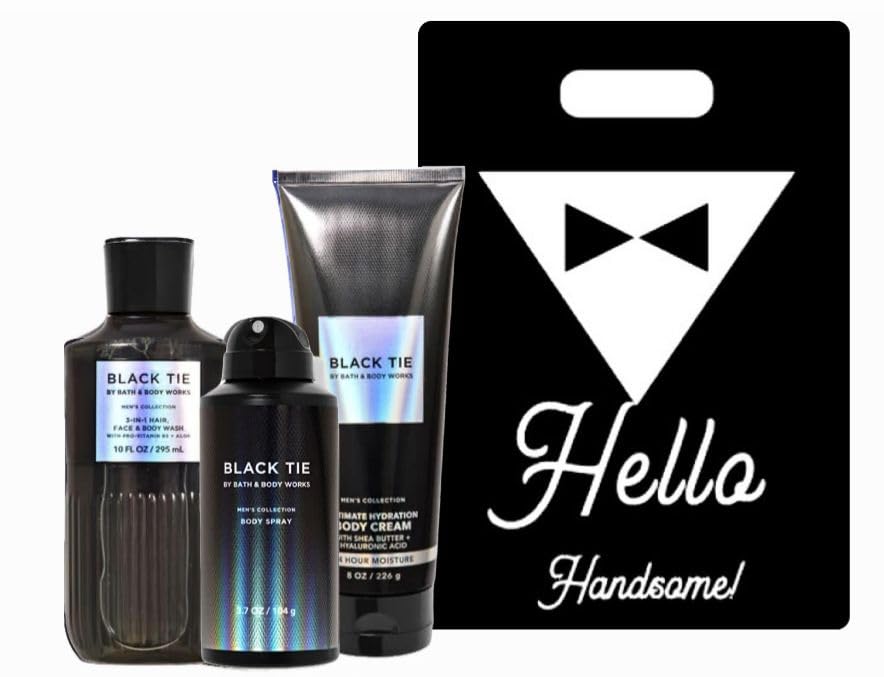 Black Tie - White Barn - Bath/Body Work - Gift Set 3 Piece Bundle - with Gift Bag Hello Handsome