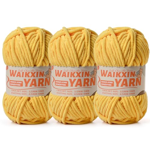 Image of (3 Yellow) 3 Pack Super Soft Fuzzy Chenille Chunky Yarn for Crocheting, 300g (261yds) Velvet Fluffy Amigurumi Yarn for Hand Knitting Baby Blankets Weaving Craft