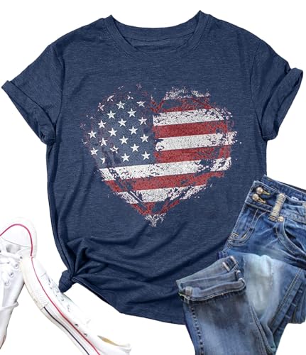 Patriotic Shirts for Women USA American Flag Heart Print Graphic Shirt 4th of July T Shirt Summer Casual Tops Tee(A1D-DBLUE31 Large)