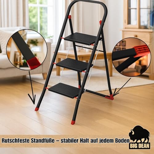BigDean Trittleiter 3 Stufen klappbar Schwarz/Rot TÜV geprüfte Sicherheit Leiter bis 150 kg belastbar Tritt klappbar Haushaltsleiter Leiter 3 Stufen