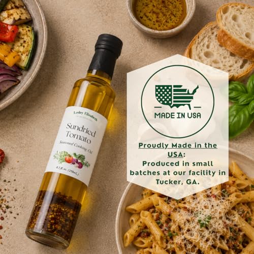 Image of Lesley Elizabeth Extra Virgin Olive Oil with Sundried Tomato & Garlic, 8.5 fl oz - Small-Batch Mediterranean-Style Infused EVOO for Drizzling, Dipping, Marinades & Everyday Cooking - All-Natural, Plant-Based Ingredients