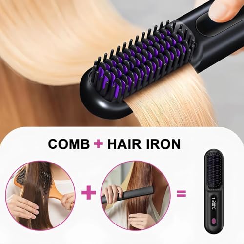 Image of Cordless Hair Straightener Brush for Women, Portable Travel Hair Straightener Brush, Ionic Ceramic Mini Hot Comb with Fast Heating, 3 Heat Settings, USB Rechargeable Anti-Frizz Styling Tool (White)