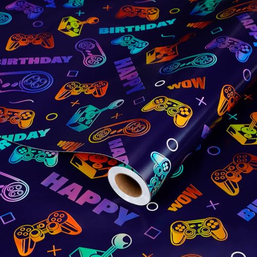 BIOBROWN Gaming Wrapping Paper 43cm x 10m Colorful Video Game Design Gift Wrap Paper for Birthday Game Party Favor Game Lover Holiday