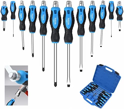 Sunplux 12-Piece Magnetic Screwdriver Set, Heavy Duty Screwdriver Set Go-Thru Steel Blades, High Torque 6 Phillips & 6 Flat Head Tips Screwdrivers Set with Case