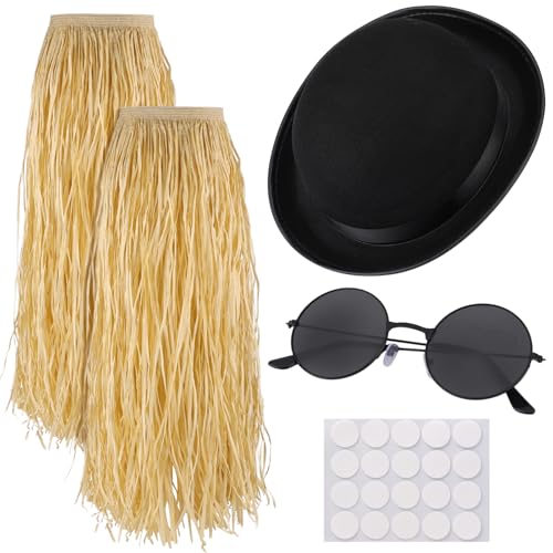 4 Pcs Halloween Cousin Costume Include Derby Hat Halloween Luau Hula Skirt and Sunglasses for Halloween Tropical Party Family Character Dress Up