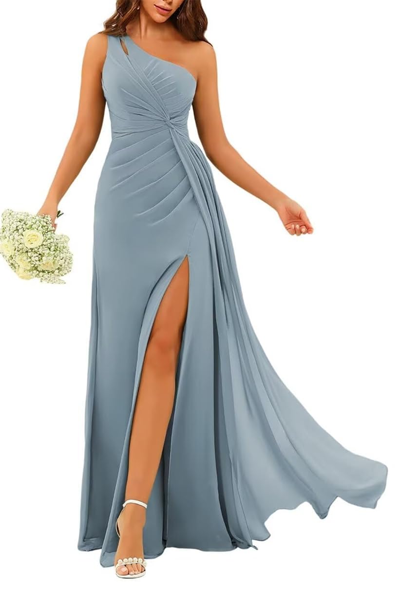 Wseyu Women's Dusty Blue One Shoulder Princess Bridesmaid Dresses Cut Out Twist Prom Dresses Chiffon Formal Evening Party Gown Zm155 Uk10