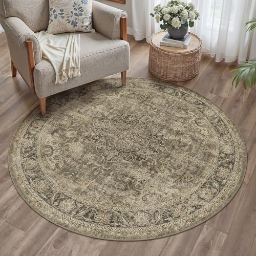 4x4 Washable Round Rug Brown Vintage Entryway Non Slip Low Pile Traditional Circle Area Rug Retro Distressed Soft Thin Accent Throw Rug for Entrance Dining Room Bathroom
